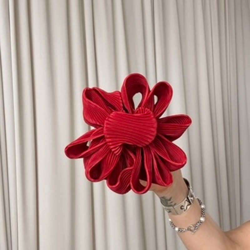 Red Oversized Ribbon Claw Clip - Pleated Bow Detail, Retro