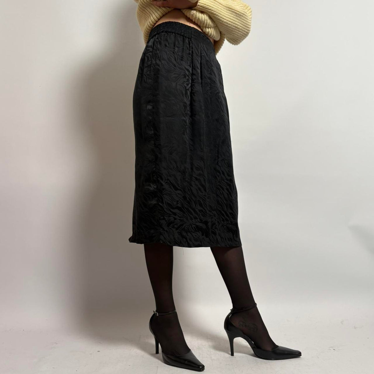 Vintage Silk Black Midi Skirt - small