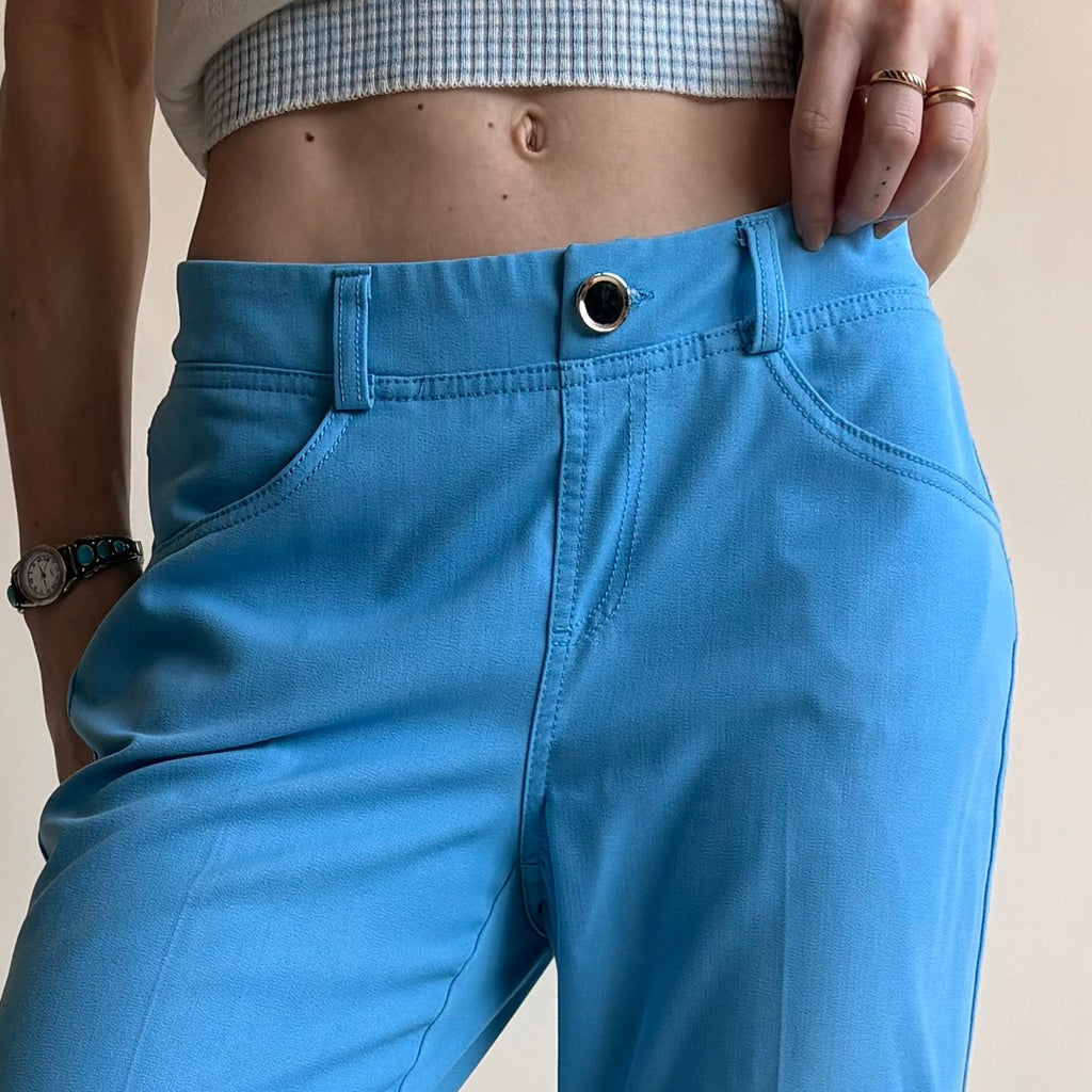 Iman Azure Blue Stretch Trousers - Slim Fit, Size Small