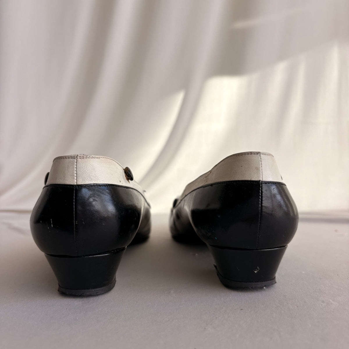 Vintage Delman Black & White Leather Low Block Heels - Button Detail, 1" Heel