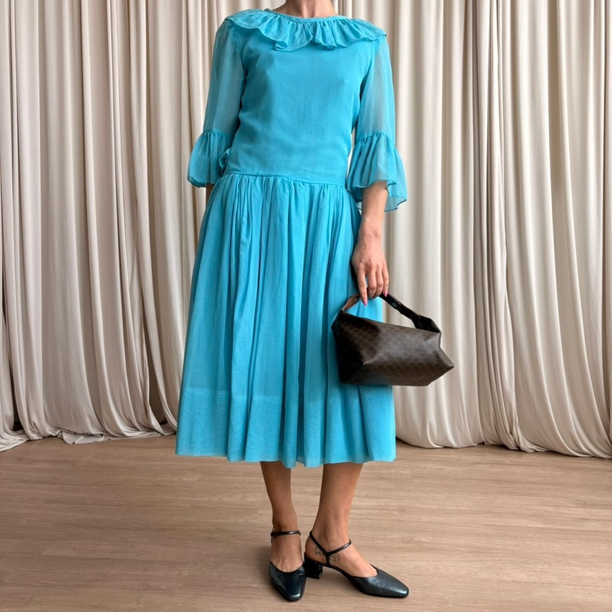 Ollie Wright 60s Turquoise Drop-Waist Midi - Sheer Chiffon, Handmade, Fits Small