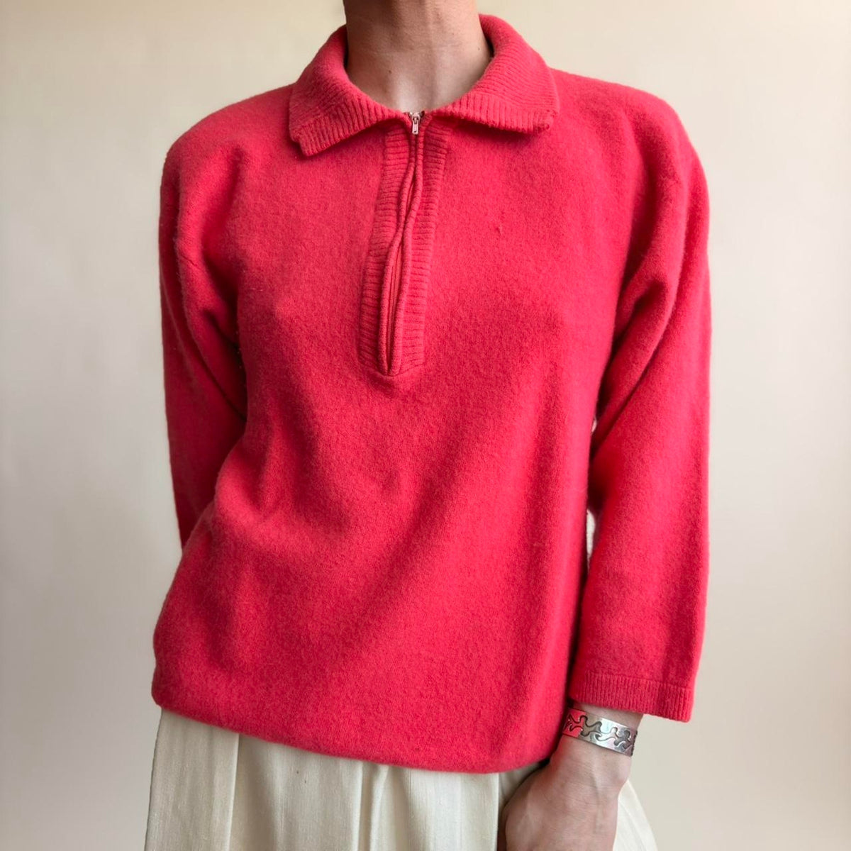 Outlander Hot Pink Quarter Zip Sweater - Lambswool & Angora, Fits Medium