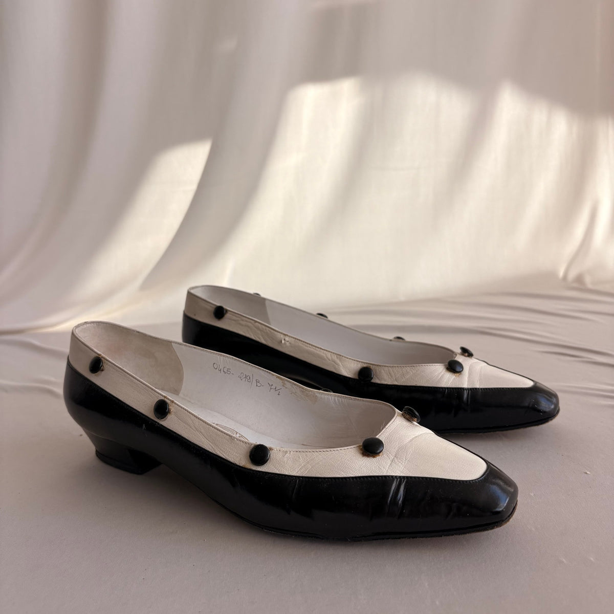 Vintage Delman Black & White Leather Low Block Heels - Button Detail, 1" Heel