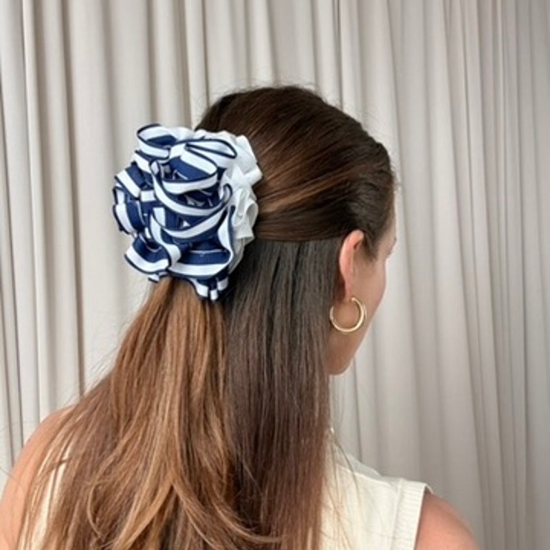 Blue & White Nautical Ribbon Hair Clip - Retro, 4"