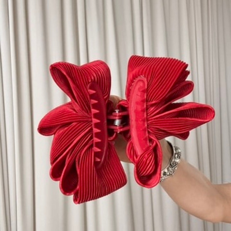 Red Oversized Ribbon Claw Clip - Pleated Bow Detail, Retro