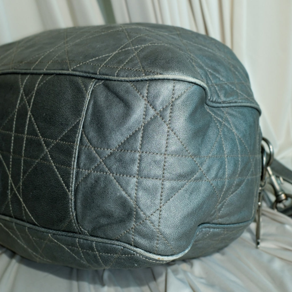 VTG Christian Dior Quilted Lambskin Leather Cannage Drawstring Bucket Bag Silver