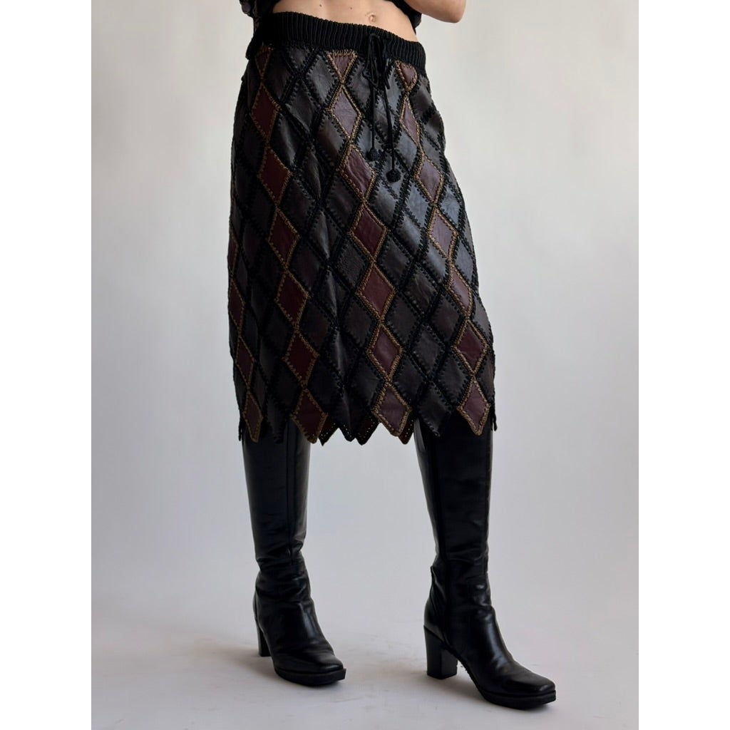 Vintage 1970s Handmade Turkish Diamond Patchwork Leather Skirt