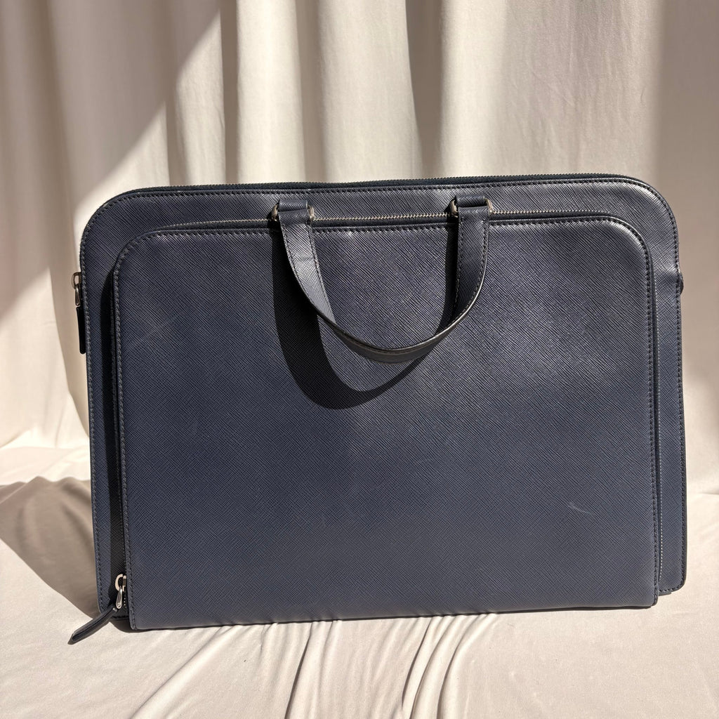 Prada Saffiano Leather Briefcase Bag - Dark Navy Blue