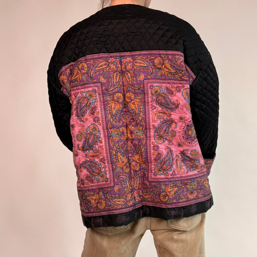 Quilted Paisley Jacket with Cowboy Boot Patch - Black & Pink