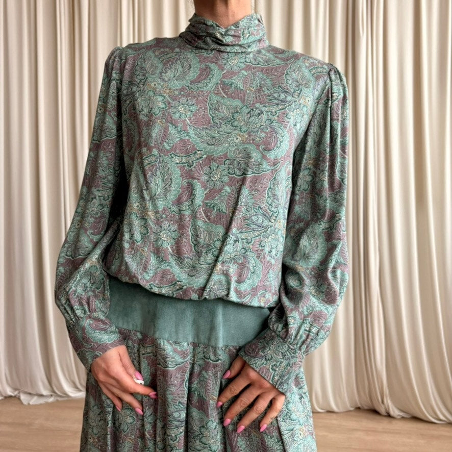 Annie Quince Teal Paisley Drop-Waist Maxi - 80s,Made in USA, Size 12 (Fits L)