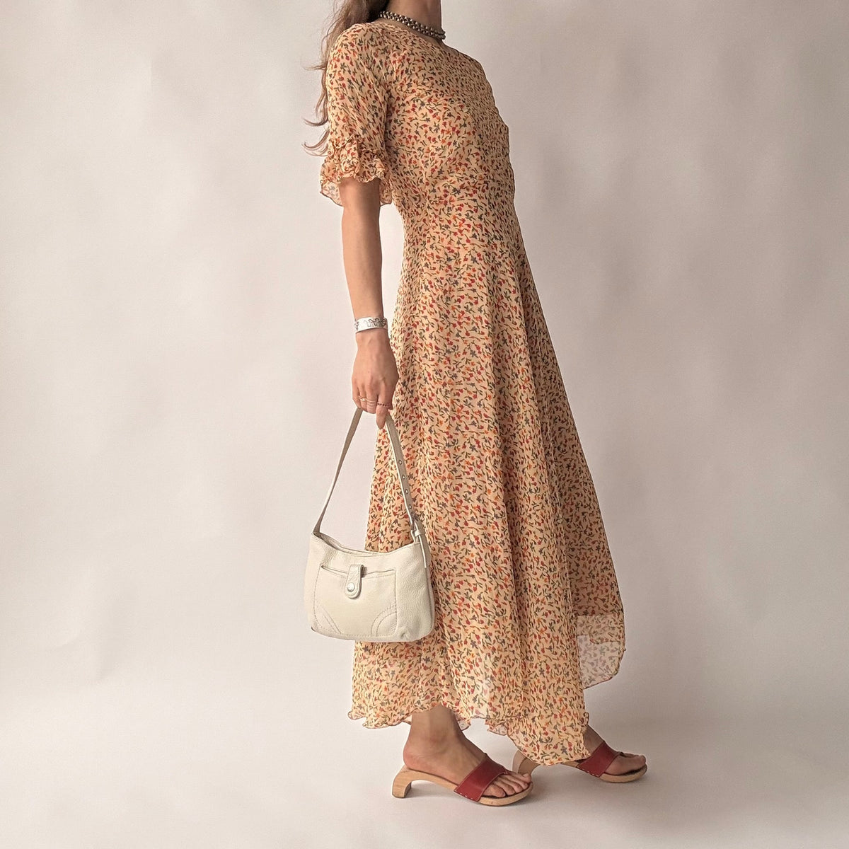 Vintage 70s Handmade Ditsy Floral Chiffon Maxi Dress - Small