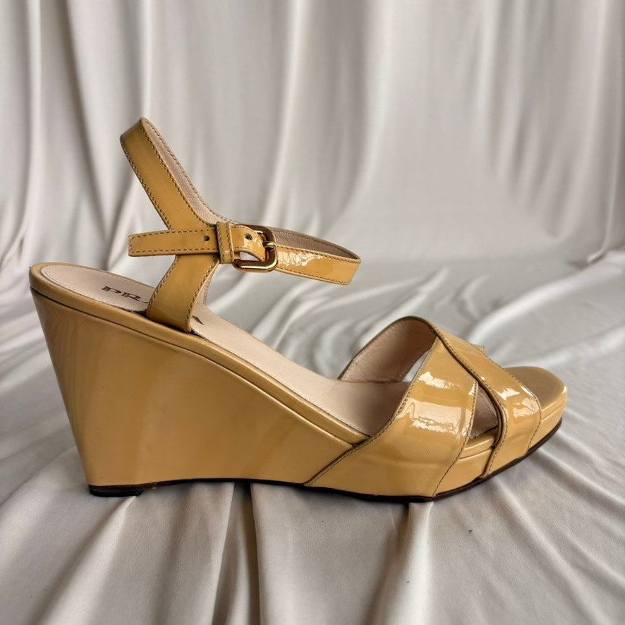 Vintage Prada Butter Yellow Patent Leather Wedge Sandals - Y2K, EU 39.5/US 9.5