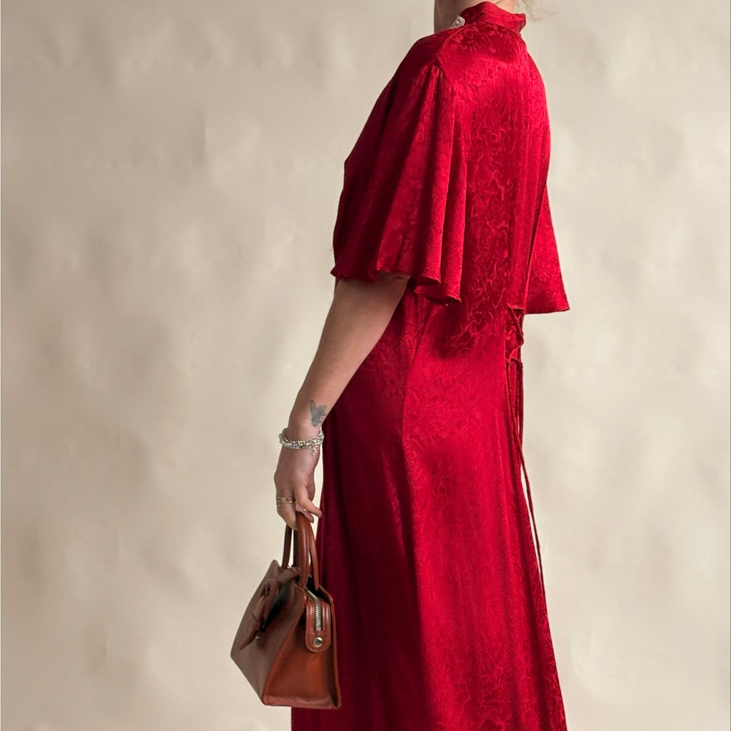 Frederick's of Hollywood Red Satin Rose Jacquard Maxi Dress - Lace Cutout