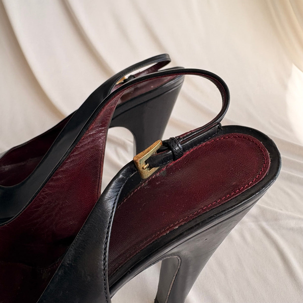 Vintage Prada Black Leather Slingback Platform Pumps - Gold Buckle, 37.5