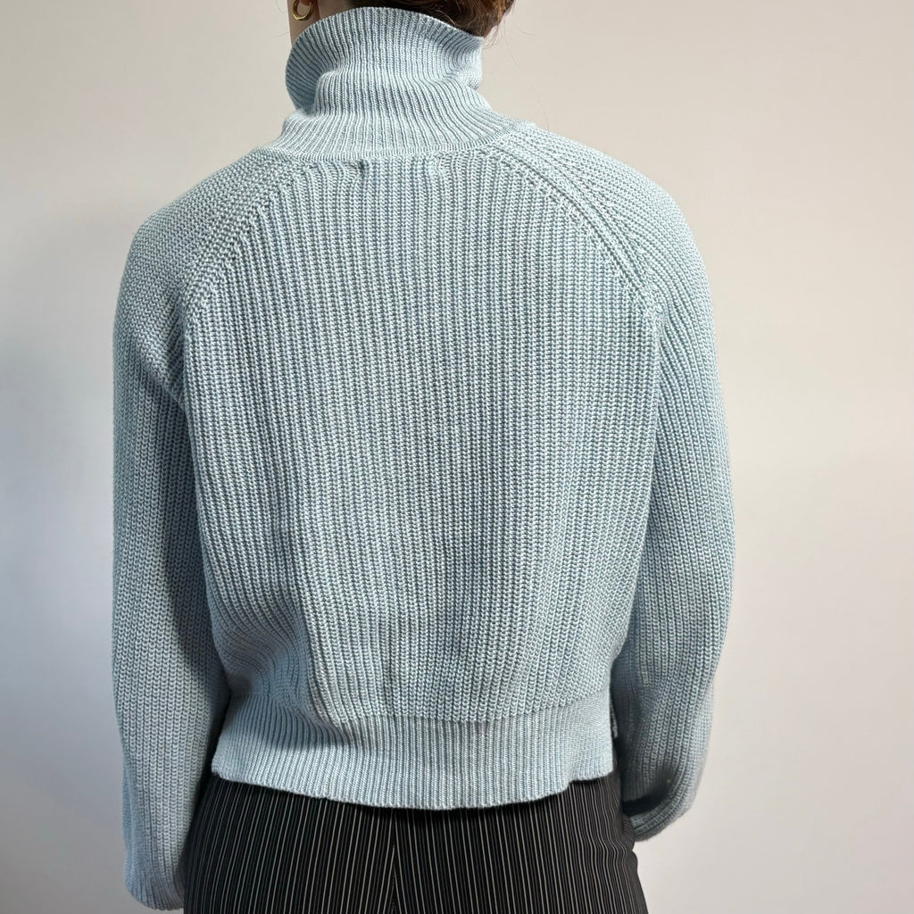 Baby Blue V-Neck Sweater with Button Collar - Medium