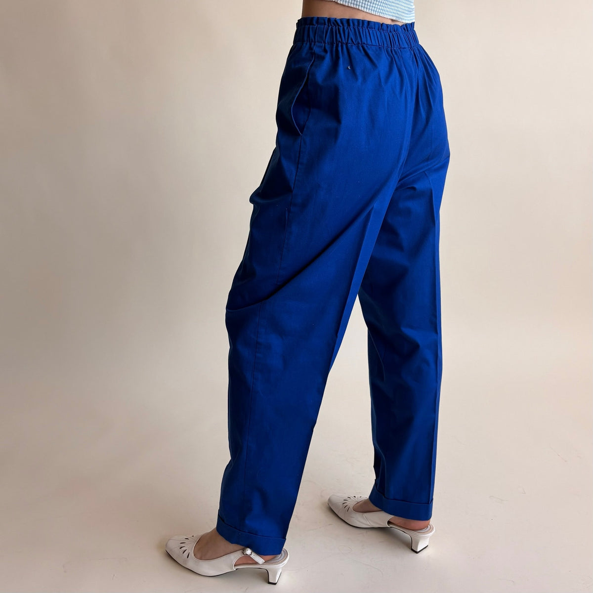 Carol Reed Brilliant Blue High-Waisted Trousers - Cotton, Elastic Waist, Size 4