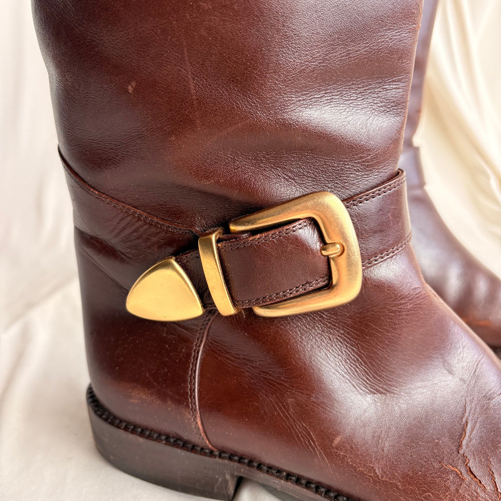 Vintage 1978 Idea Studios Brown Leather Riding Boots - Gold Buckle, 7.5