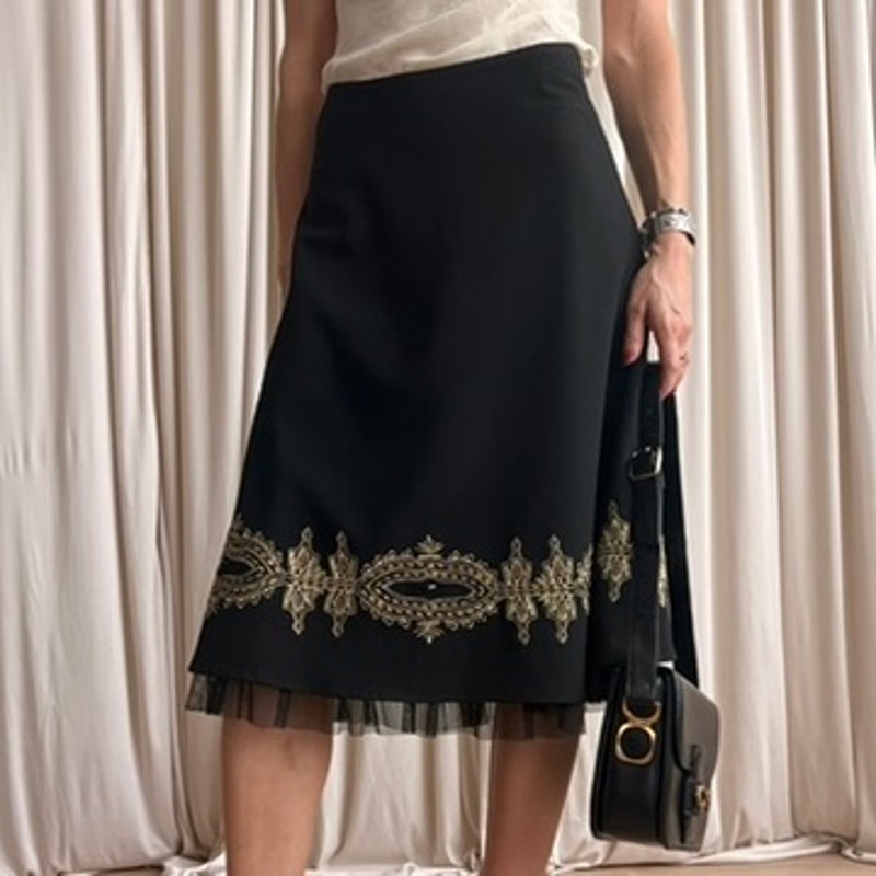 Sunny Leigh Embroidered Skirt - Black, Gold Floral, Tulle Lining - Size 6 (Fits M)