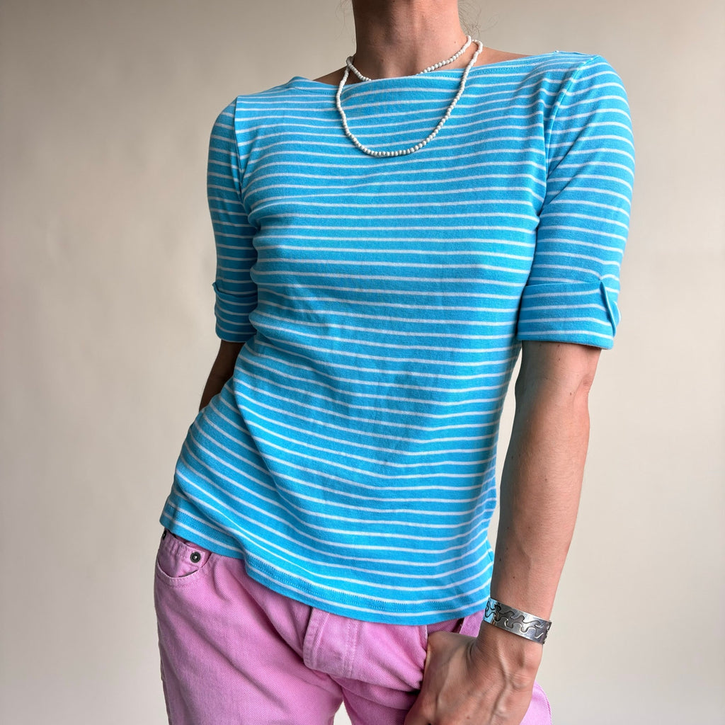 Ralph Lauren Sailor Top - Light Blue & White Striped, Boat Neck, Size Small