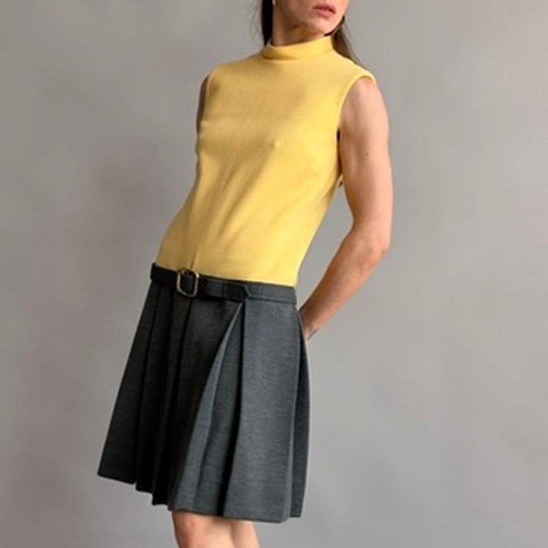 Vintage 60s Union-Made Mustard & Grey Drop Waist Wool Dress