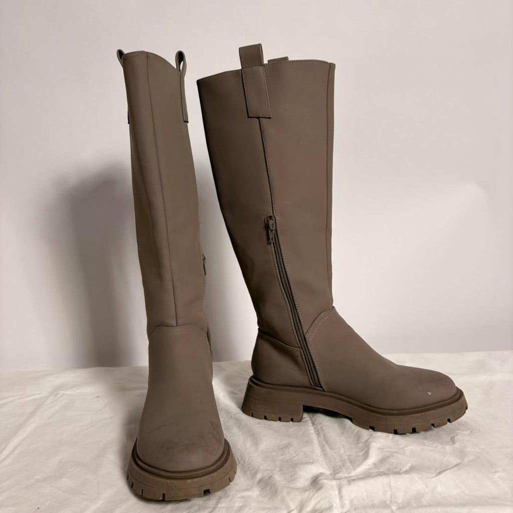 Knee-High Platform Boots - Khaki/Grey, Size 8