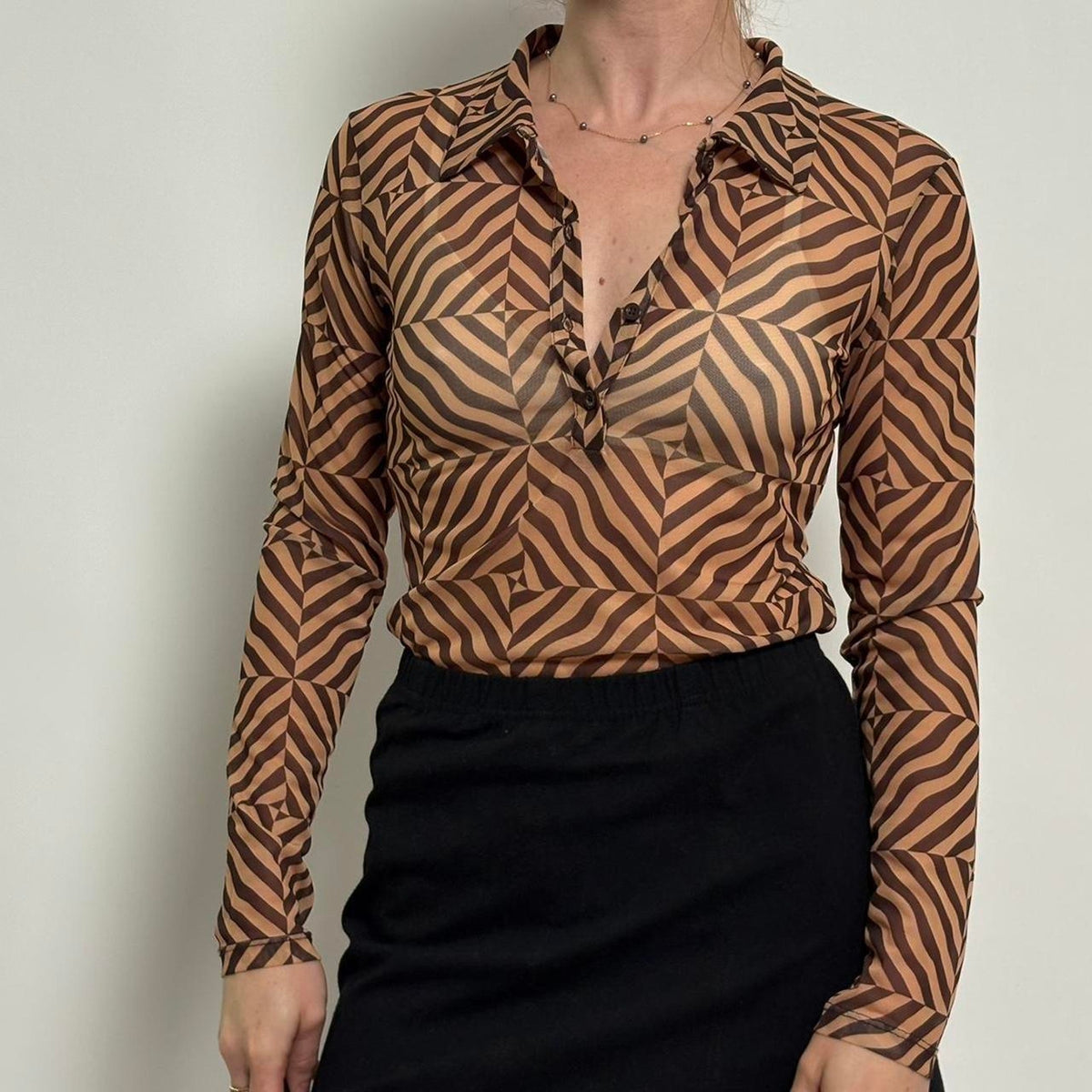 Sheer Zara Brown Abstract Geometric Button Up Top - Small