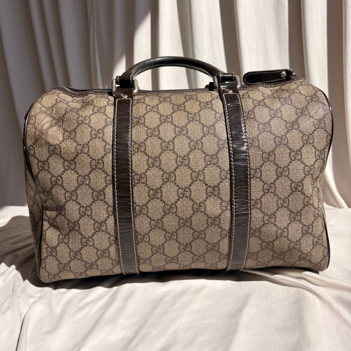 Gucci Joy Boston Bag - GG Supreme Coated Canvas, Dark Brown Patent Leather Trim