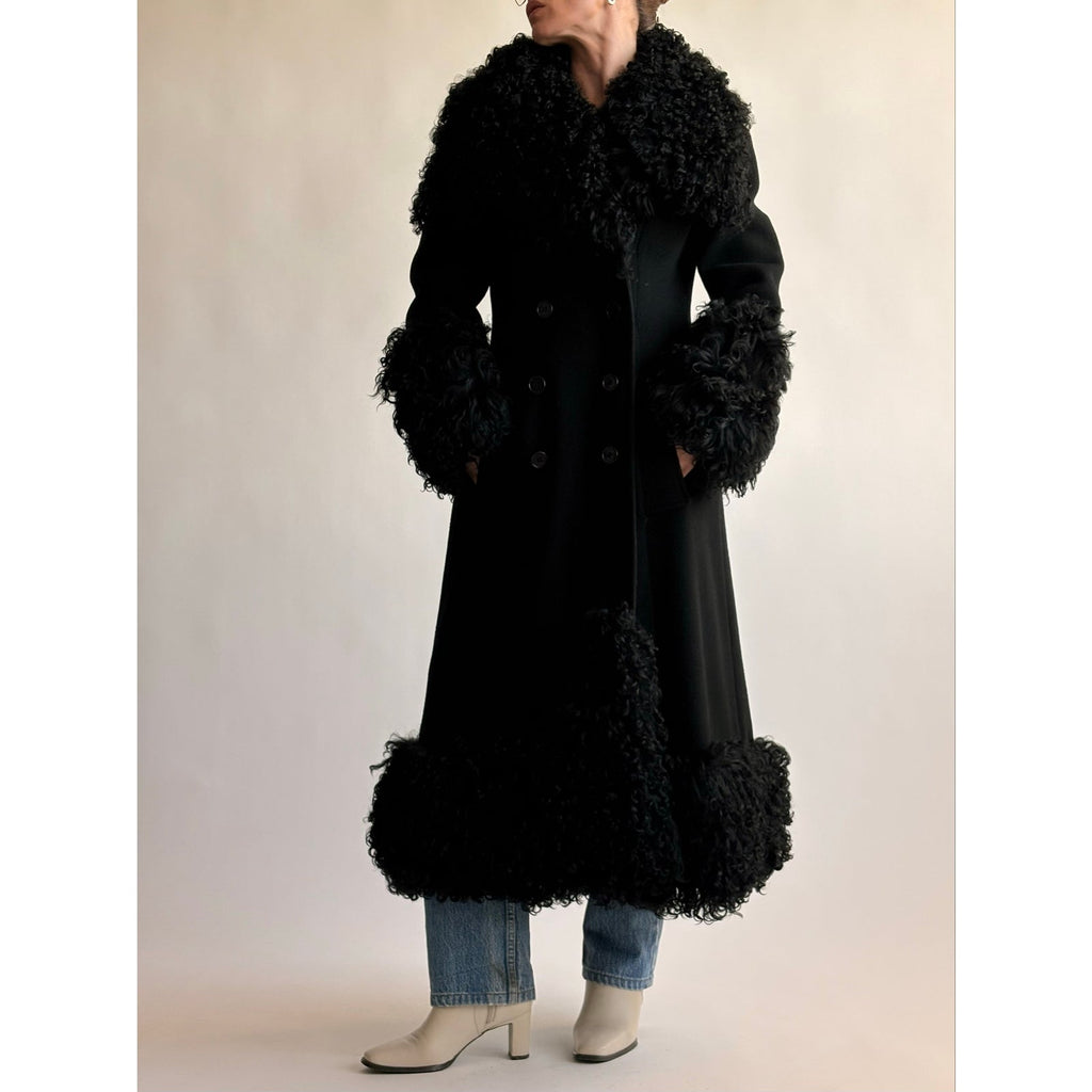 Vintage 1970s Black Wool & Mongolian Shearling Coat