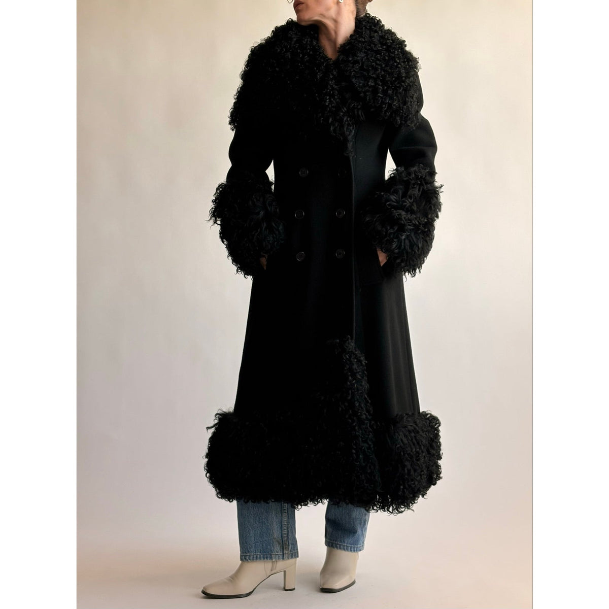 Vintage 1970s Black Wool & Mongolian Shearling Coat