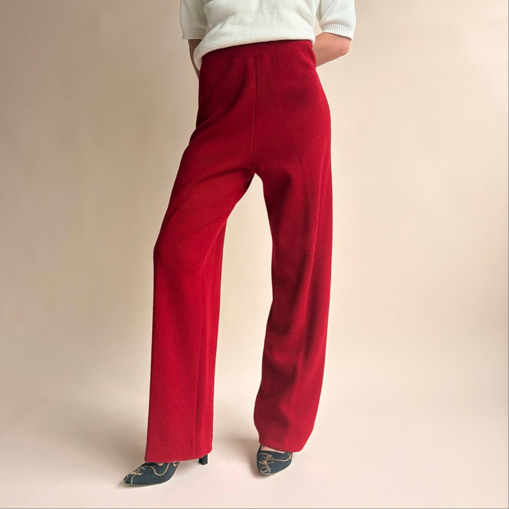 Jones & Co Red Wide Leg Knit Trousers - High Waisted, Size Small