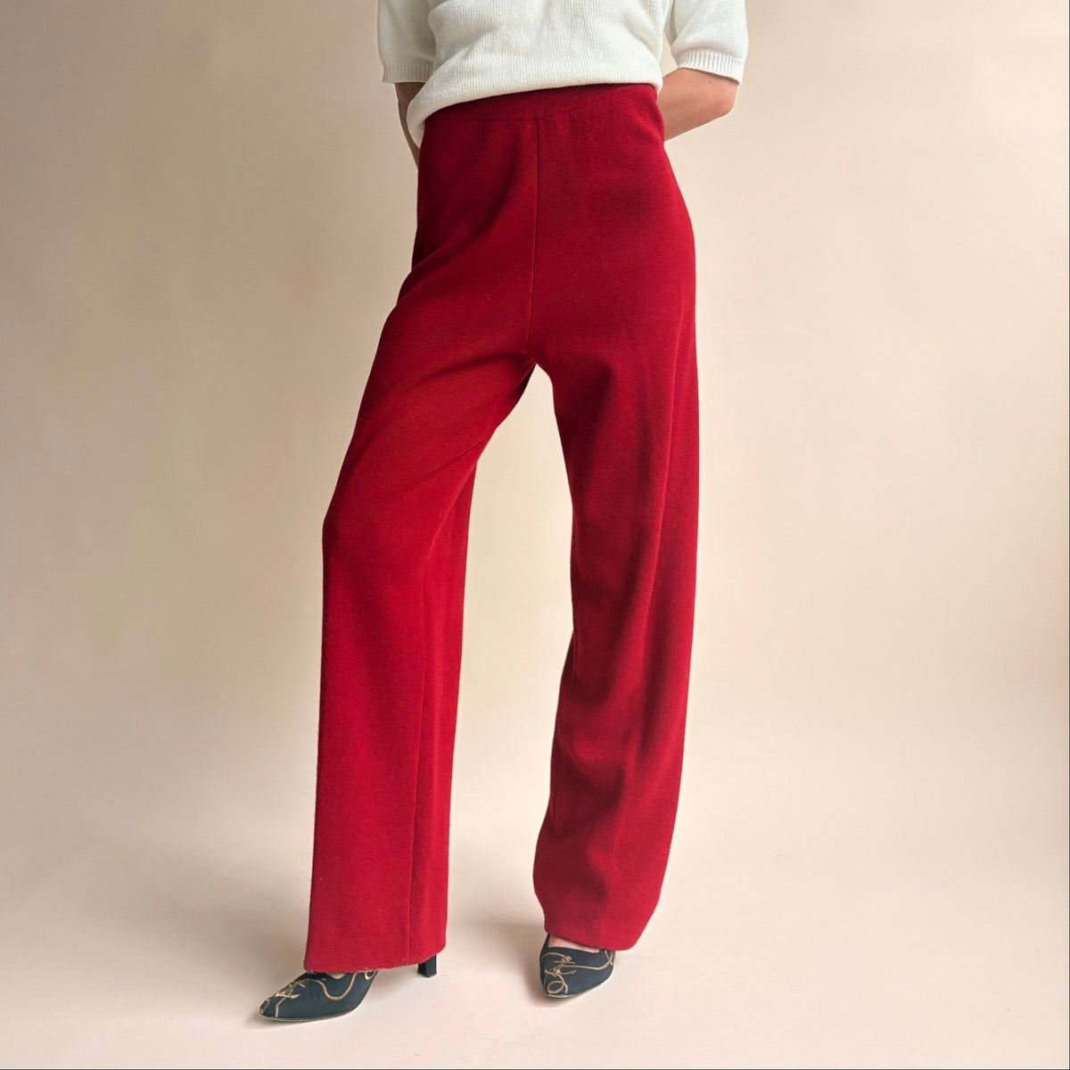 Jones & Co Red Wide Leg Knit Trousers - High Waisted, Size Small