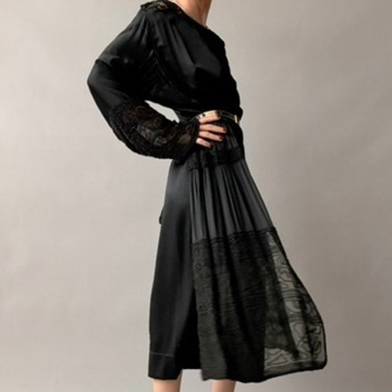 Antique 1920s Black Silk Satin Hand-Beaded Lace Shift Dress