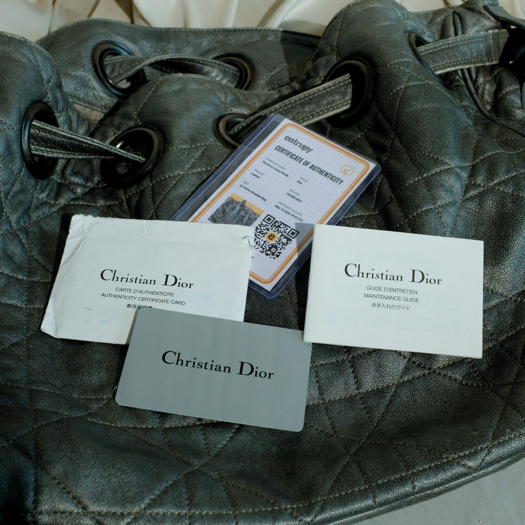 VTG Christian Dior Quilted Lambskin Leather Cannage Drawstring Bucket Bag Silver