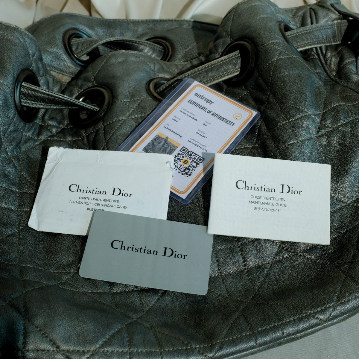 VTG Christian Dior Quilted Lambskin Leather Cannage Drawstring Bucket Bag Silver