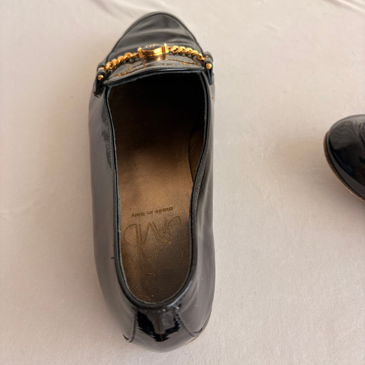 Vintage Joan & David Black Patent Leather Loafers - Gold Chain Hardware