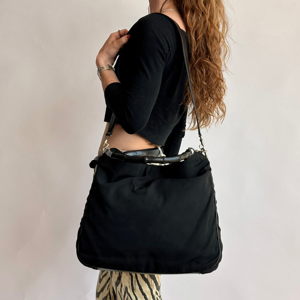 Gucci Bamboo Hobo Bag - Black Nylon, Leather, Tom Ford Era