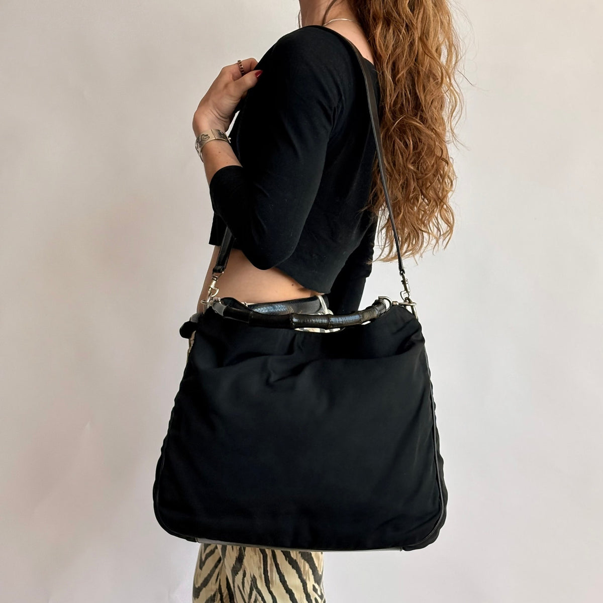 Gucci Bamboo Hobo Bag - Black Nylon, Leather, Tom Ford Era