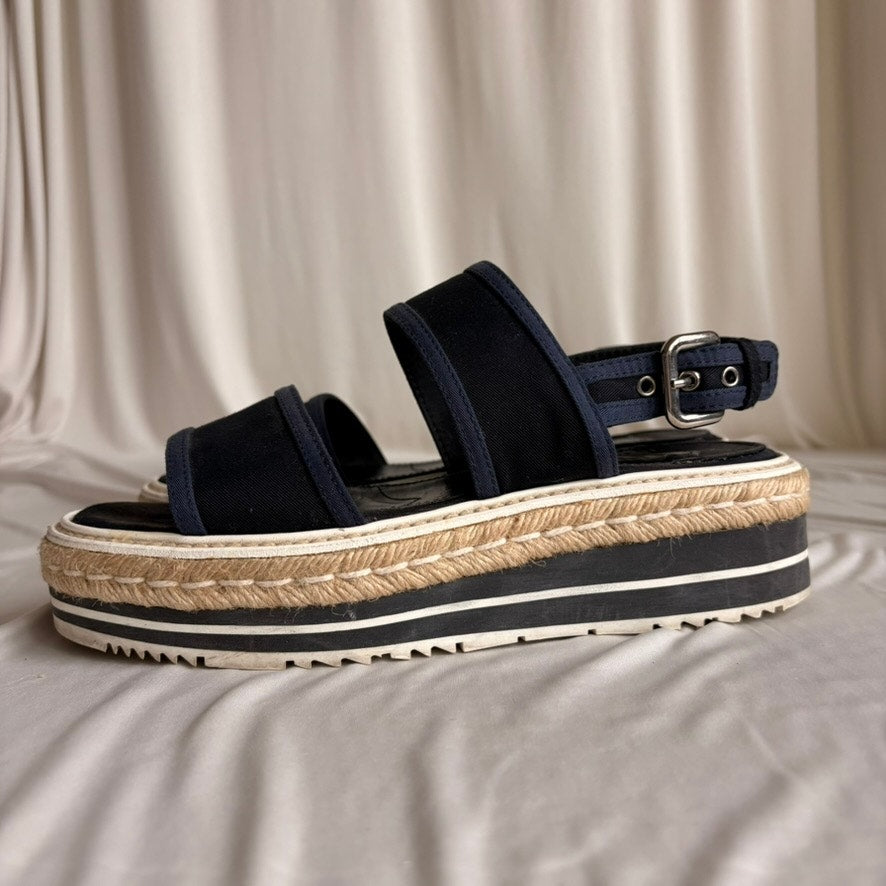 Prada Black & Baltic Blue Canvas Espadrille Platform Sandals - EU 37/US 7