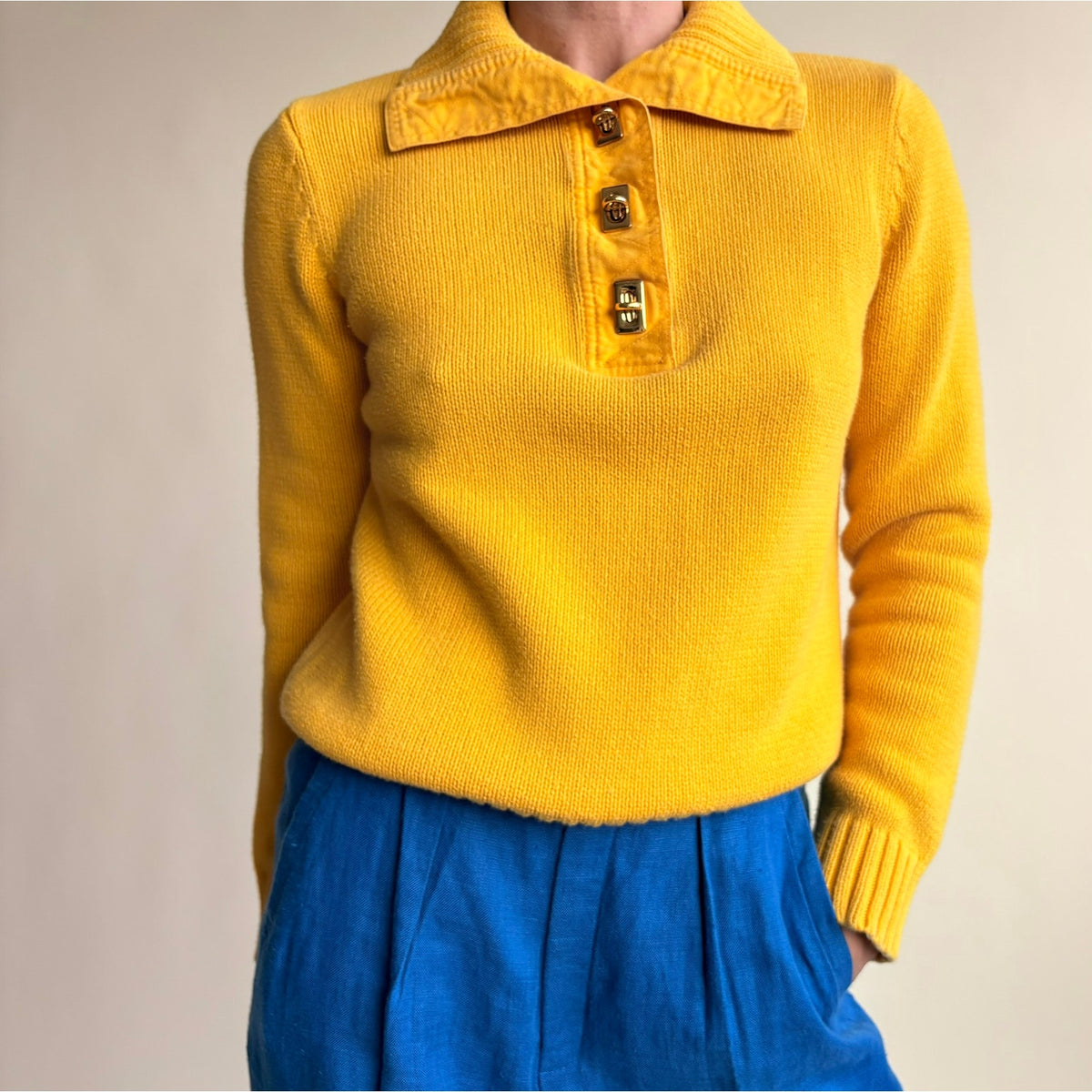 Lauren by Ralph Lauren Yellow Ribbed Sweater - Gold Hardware, 100% Cotton, Size Small
