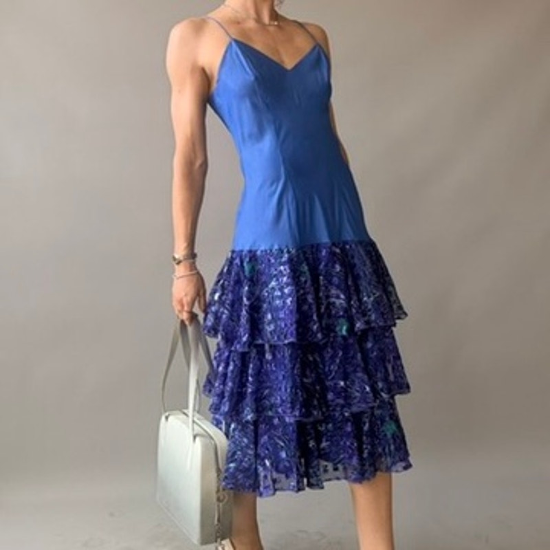 Ann Hobbs for Cattiva Blue Silk Drop-Waist Dress - Peacock Ruffle Tiered Skirt