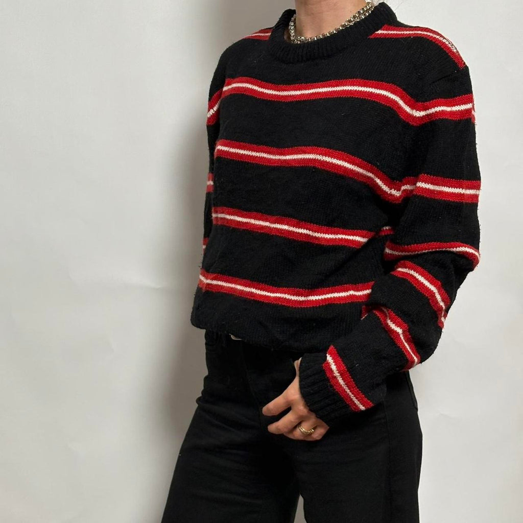 Vintage INC Black, Red and White Striped Rugby Sweater- XL