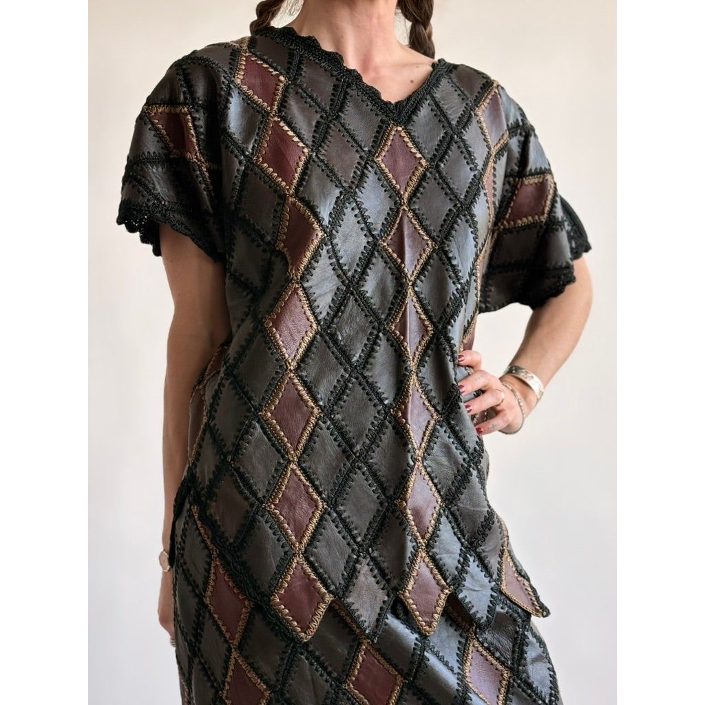 Vintage 1970s Handmade Turkish Diamond Patchwork Leather Top