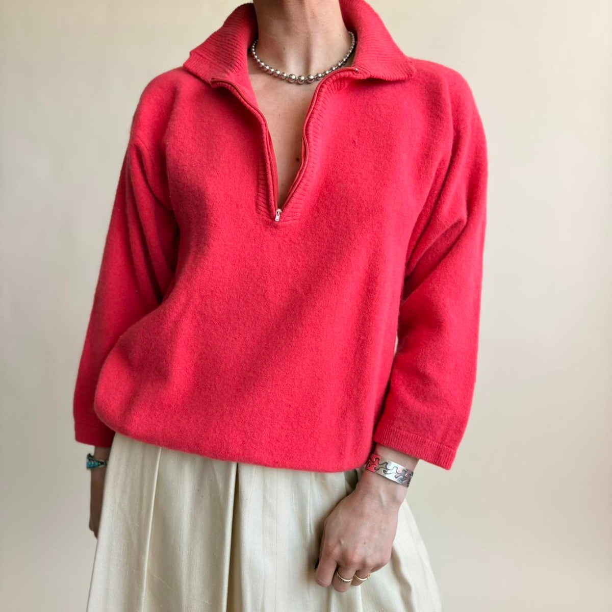 Outlander Hot Pink Quarter Zip Sweater - Lambswool & Angora, Fits Medium