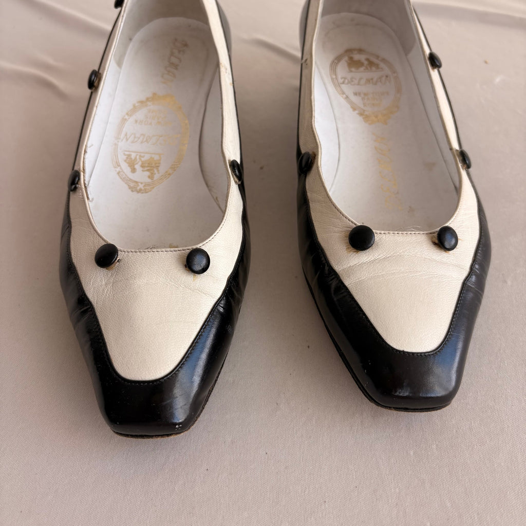 Vintage Delman Black & White Leather Low Block Heels - Button Detail, 1" Heel