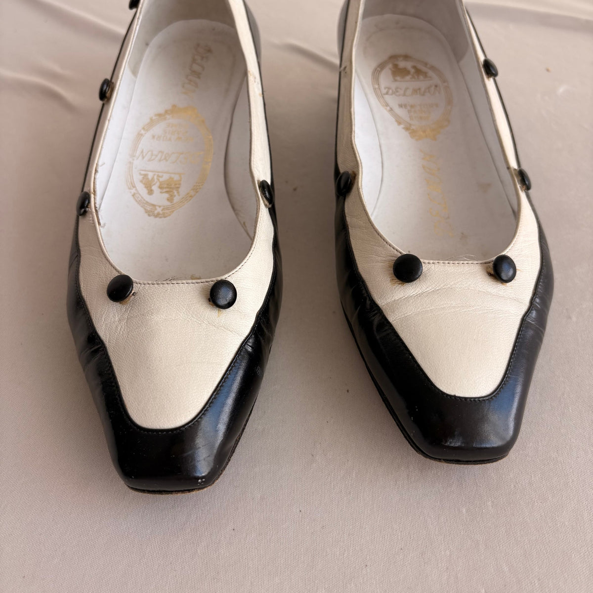 Vintage Delman Black & White Leather Low Block Heels - Button Detail, 1" Heel
