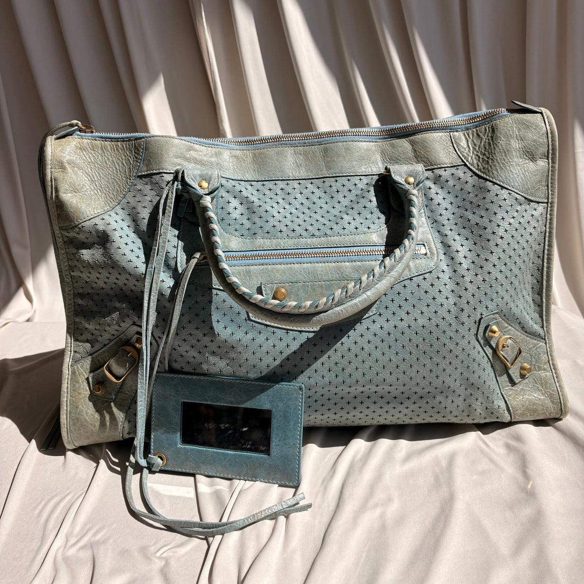 Balenciaga Cross Perforated Lambskin Leather Motorcycle City Bag - Soft Blue