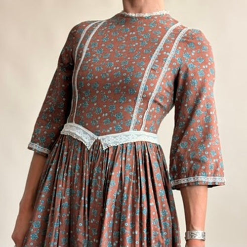 1970s Homemade Prairie Dress - Brown Calico Floral, Lace Trim, Fitted Waist, Fits XS/S