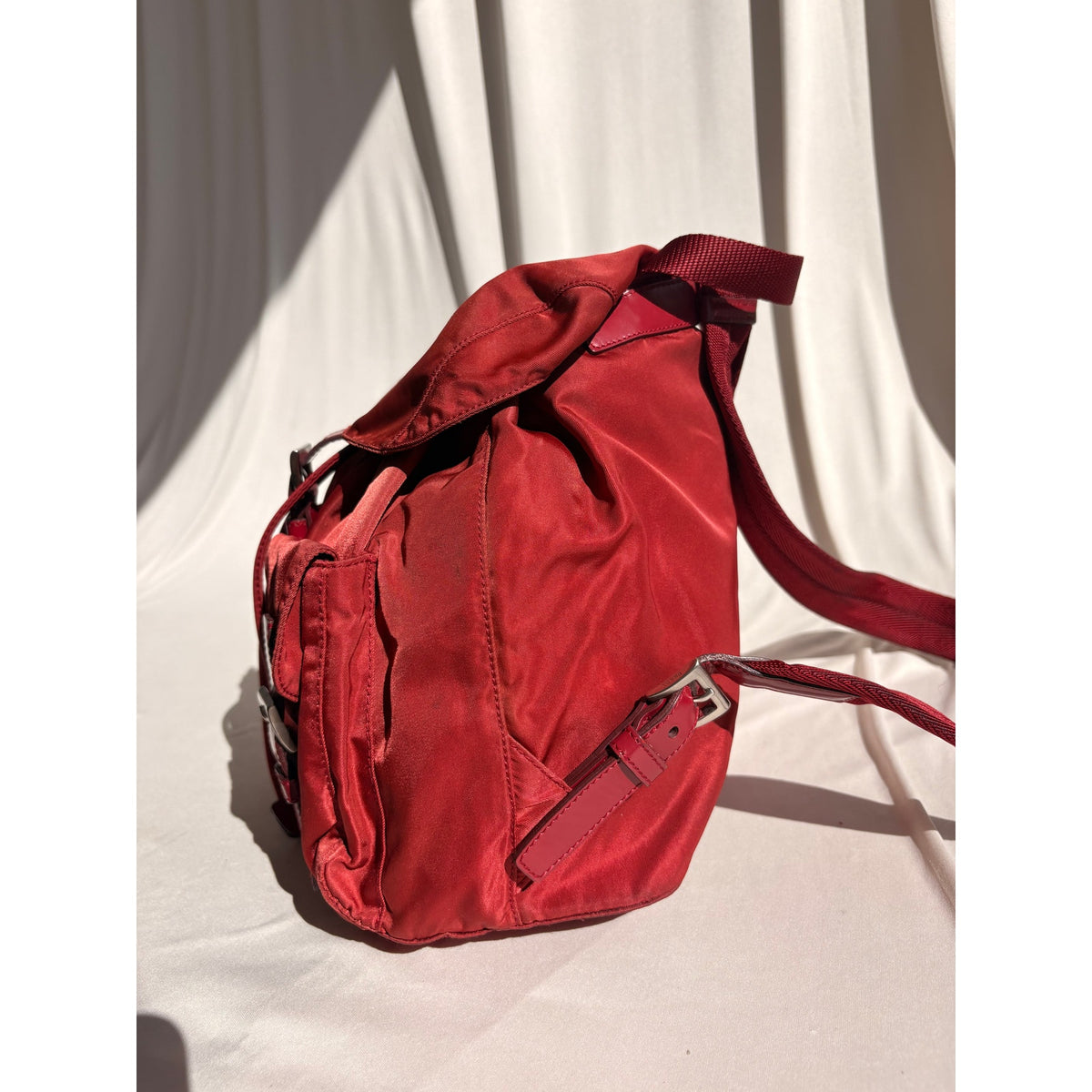 Vintage Prada Red Tessuto Vela Nylon Drawstring Backpack