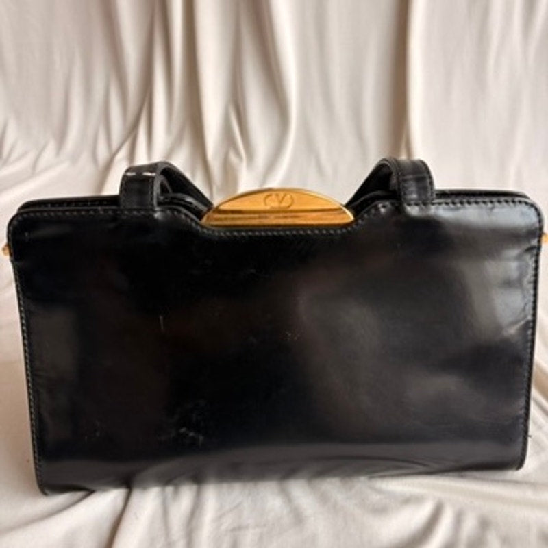 Vintage Valentino 80s Black Patent Leather Bag w/ Gold Clasp