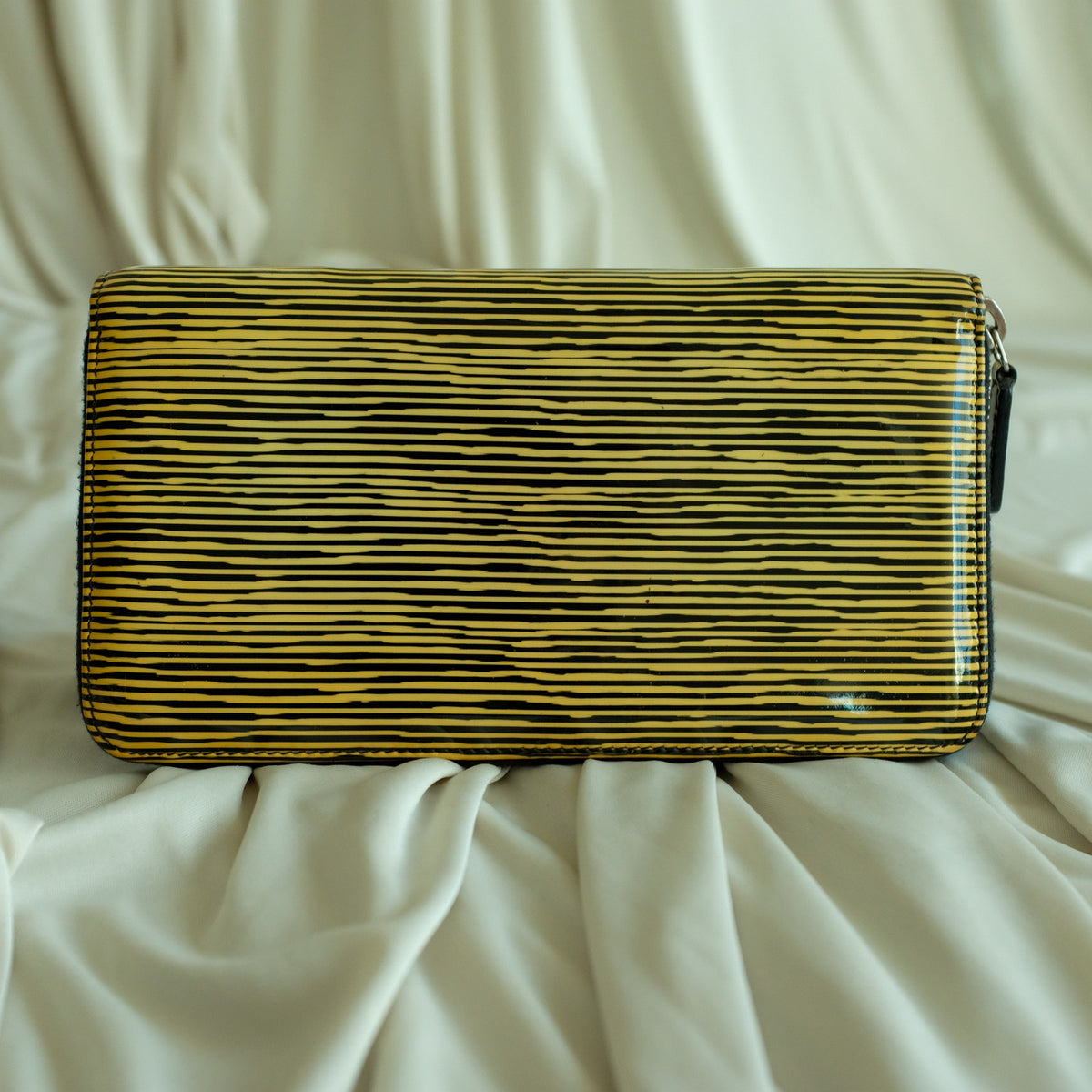 Chanel Patent Leather Striped Long Wallet - Black & Yellow